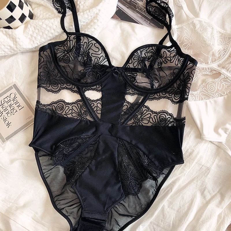 Sexy Embroidered Body Sculpting Bodysuit Lace Perspective Ultra-thin No Steel Rings Gathering Bra One-Piece Underwear
