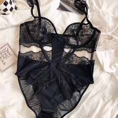 Sexy Embroidered Body Sculpting Bodysuit Lace Perspective Ultra-thin No Steel Rings Gathering Bra One-Piece Underwear