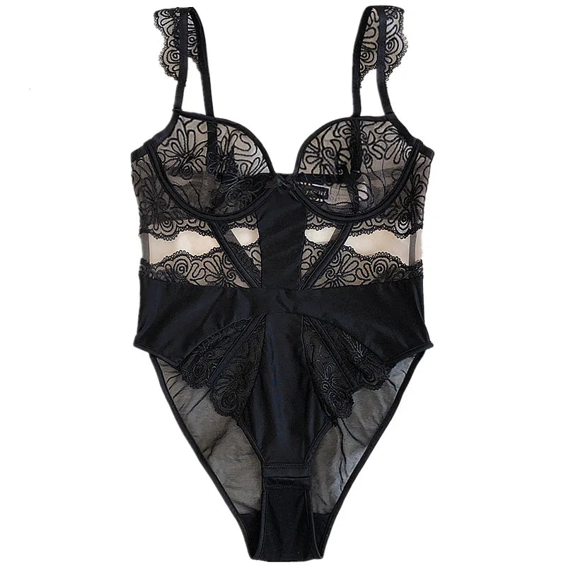 Sexy Embroidered Body Sculpting Bodysuit Lace Perspective Ultra-thin No Steel Rings Gathering Bra One-Piece Underwear