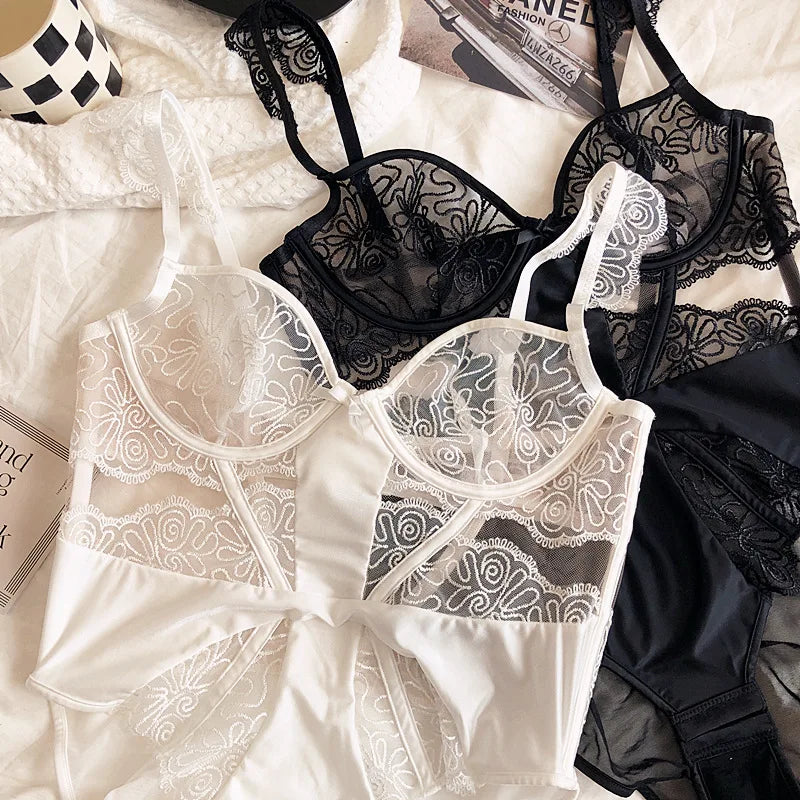 Sexy Embroidered Body Sculpting Bodysuit Lace Perspective Ultra-thin No Steel Rings Gathering Bra One-Piece Underwear
