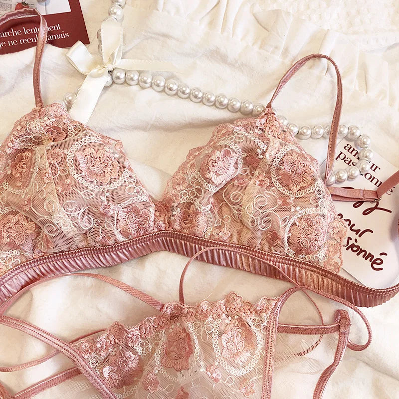 Sexy Embroidered Mesh Lace Satin Thin Bralette Triangle Cup No Steel Ring Bra Breathable Underwear