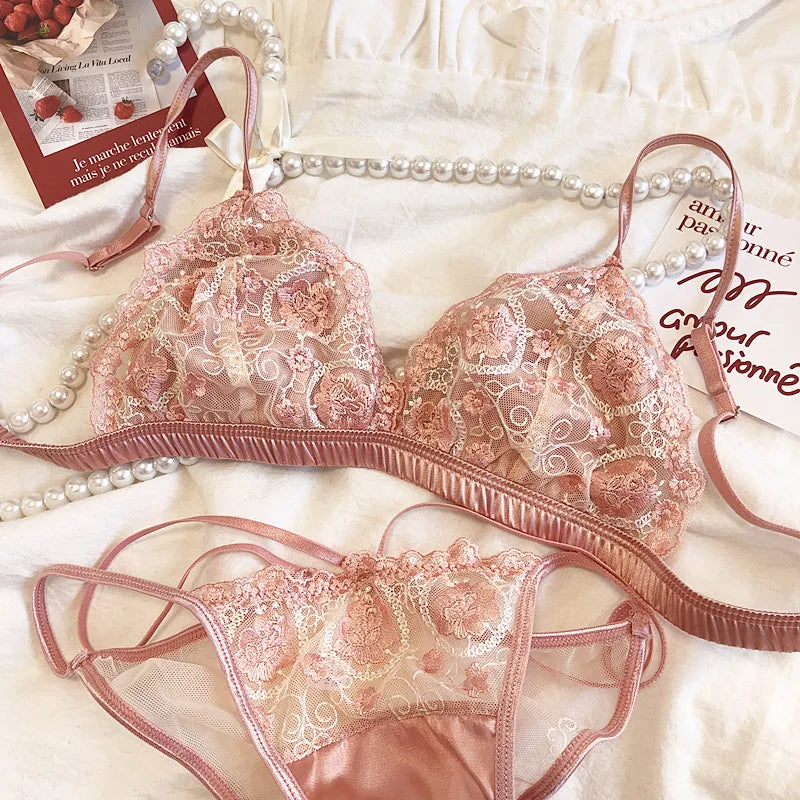 Sexy Embroidered Mesh Lace Satin Thin Bralette Triangle Cup No Steel Ring Bra Breathable Underwear
