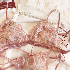 Sexy Embroidered Mesh Lace Satin Thin Bralette Triangle Cup No Steel Ring Bra Breathable Underwear