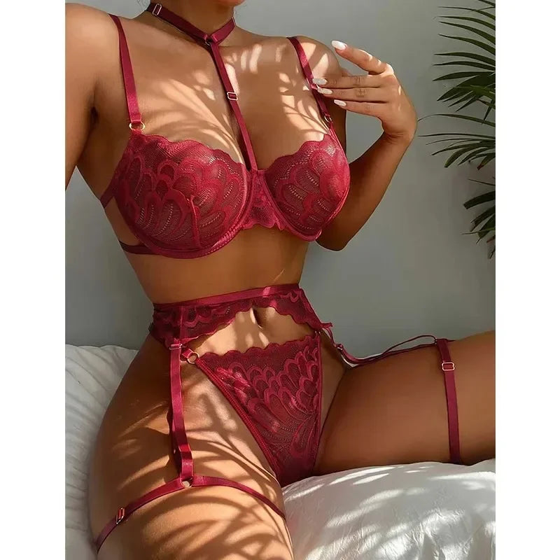 Sexy Erotic Lingerie Women Bra Garters Thongs Patchwork See Through Lingerie Set