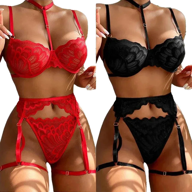 Sexy Erotic Lingerie Women Bra Garters Thongs Patchwork See Through Lingerie Set