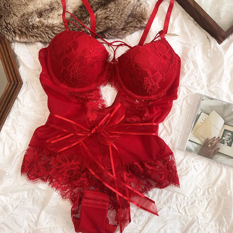 Sexy Hollow Women Bodysuit Lingerie Bandage Lace Push Up Bra Set