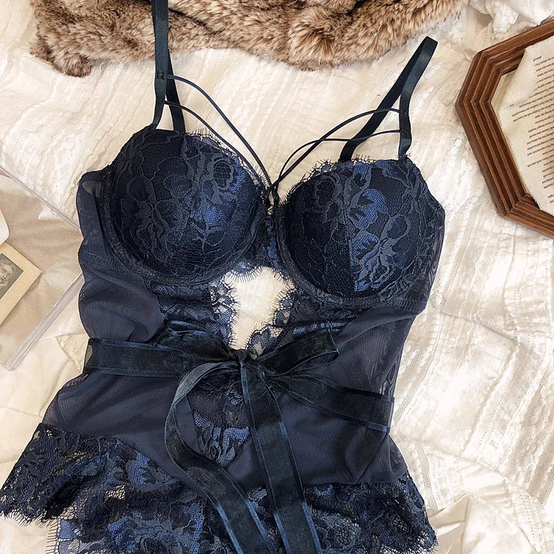 Sexy Hollow Women Bodysuit Lingerie Bandage Lace Push Up Bra Set