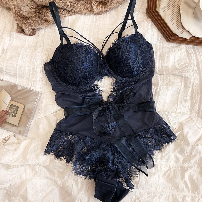 Sexy Hollow Women Bodysuit Lingerie Bandage Lace Push Up Bra Set
