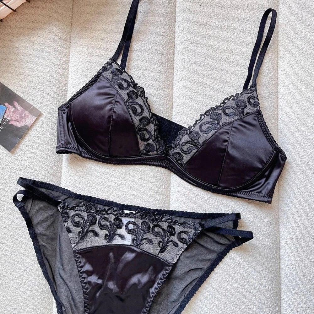 Sexy Lace Flowers Embroidery Bra Set