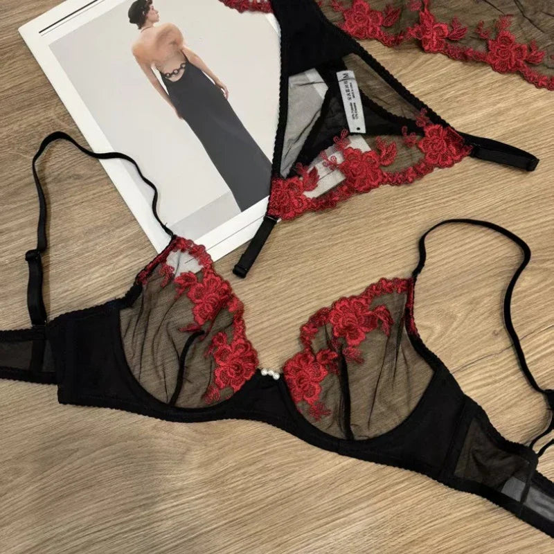 Sexy Lace Flowers Embroidery Lingerie Set