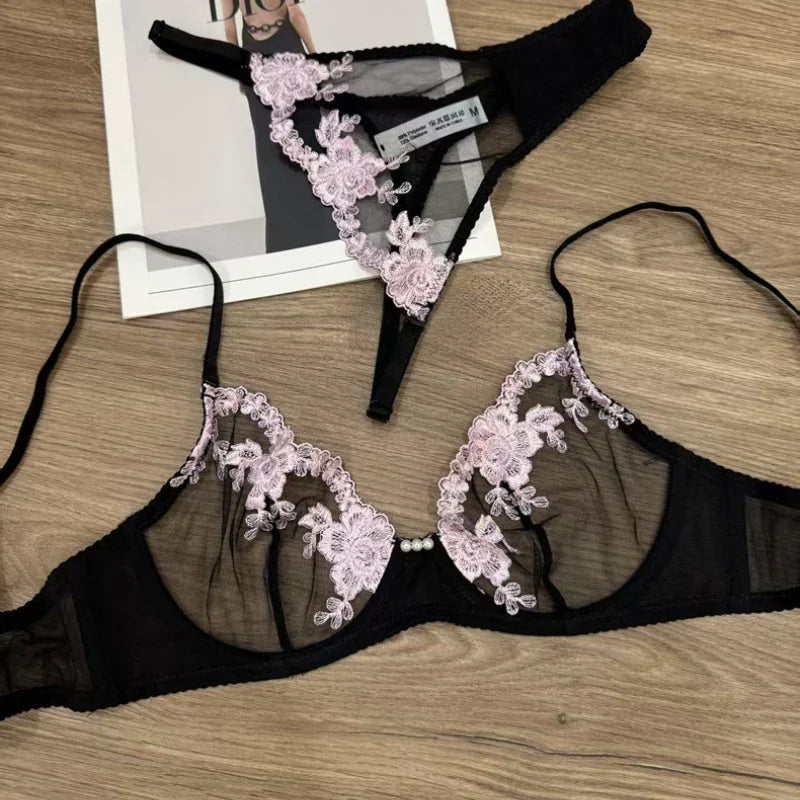 Sexy Lace Flowers Embroidery Lingerie Set