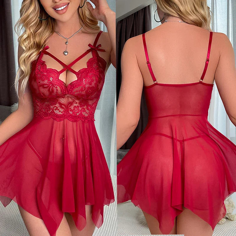 Sexy Lingerie Women Crotchless Sleepwear Pajamas Lace Night Dress