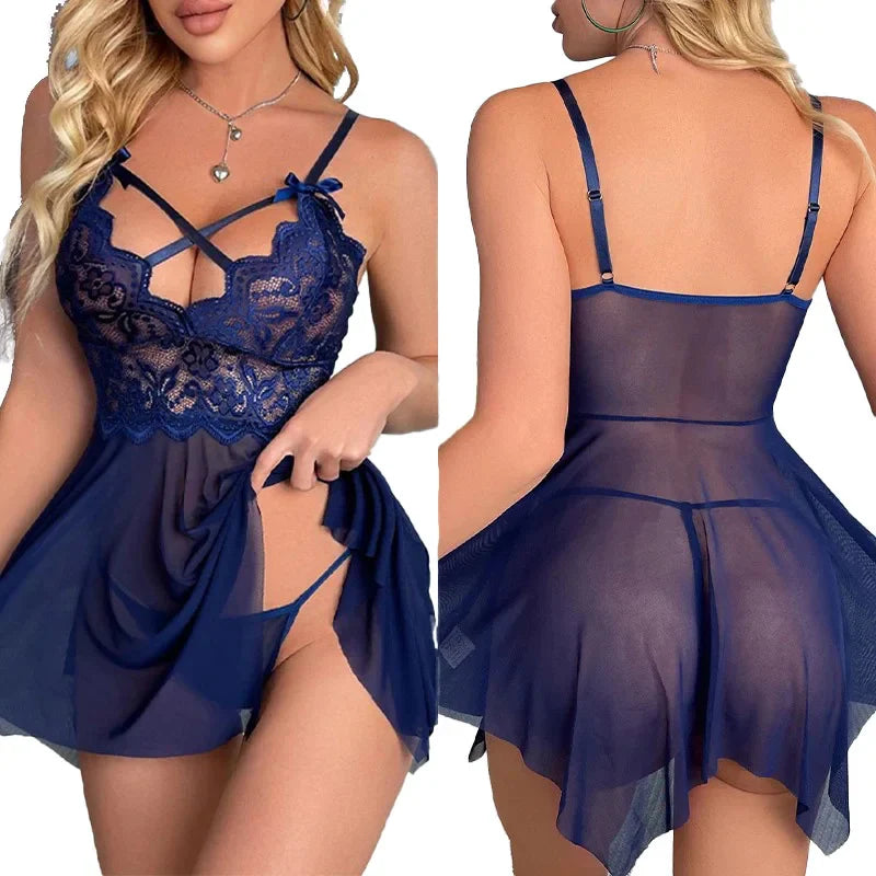 Sexy Lingerie Women Crotchless Sleepwear Pajamas Lace Night Dress