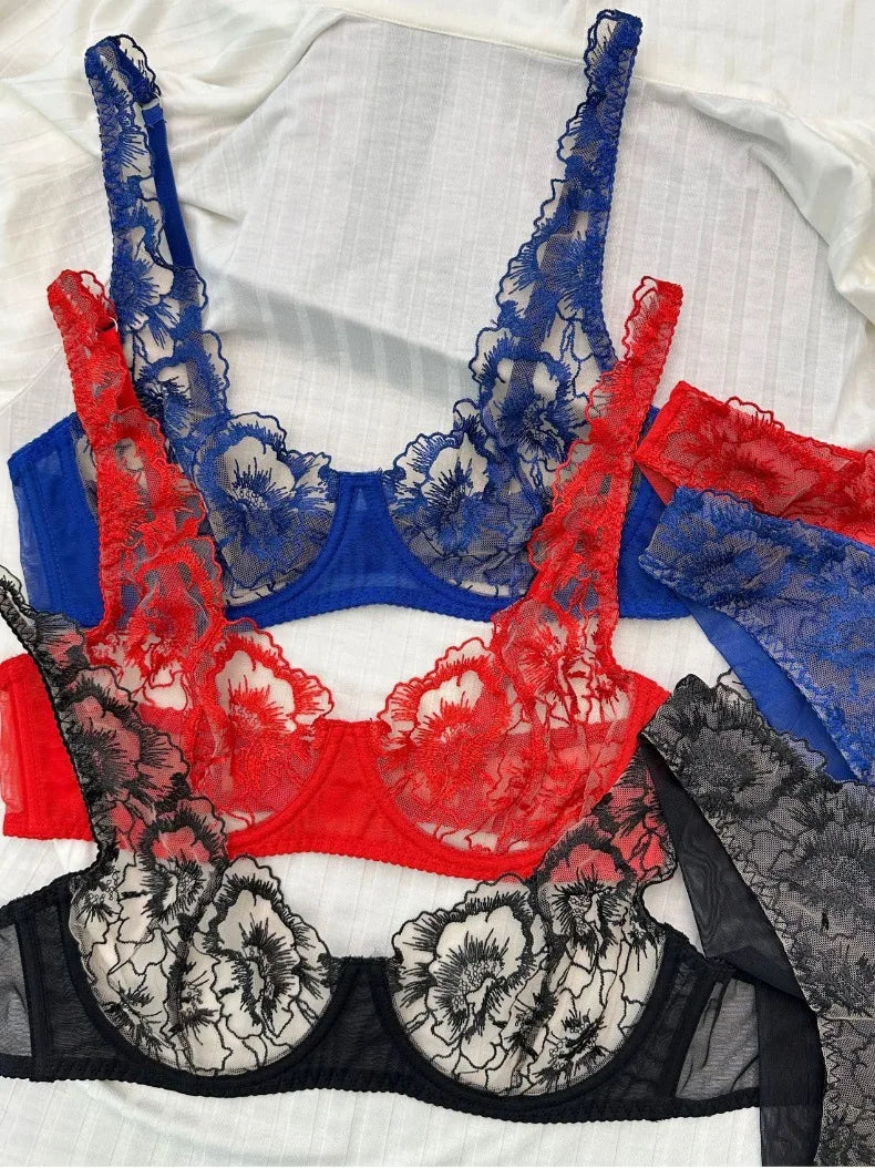 Sexy Lingerie Women's Ultra-Thin Breathable Embroidered Lace Bra Large Bust-Minimizing Push-Up Bra Set