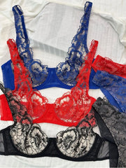 Sexy Lingerie Women's Ultra-Thin Breathable Embroidered Lace Bra Large Bust-Minimizing Push-Up Bra Set