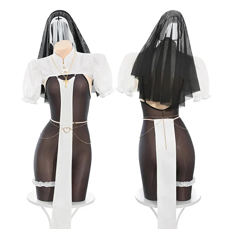 Nun Uniform Cosplay Halloween Costume Lingerie Open Crotch Jumpsuit