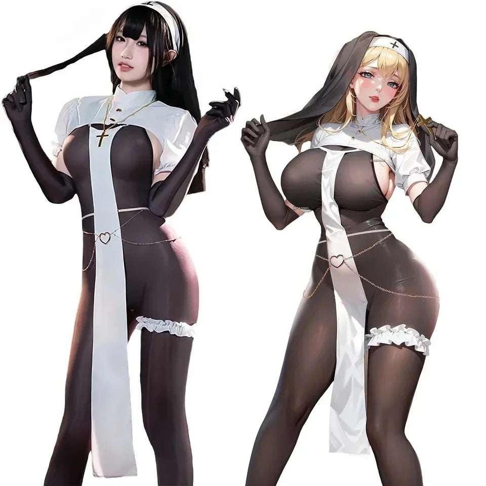 Nun Uniform Cosplay Halloween Costume Lingerie Open Crotch Jumpsuit