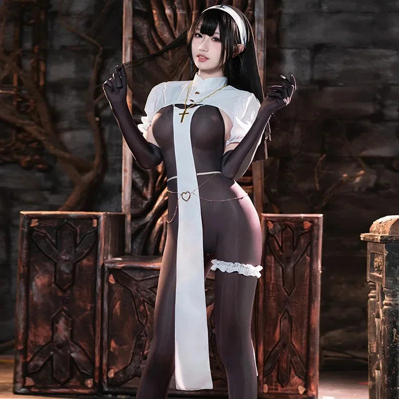 Nun Uniform Cosplay Halloween Costume Lingerie Open Crotch Jumpsuit