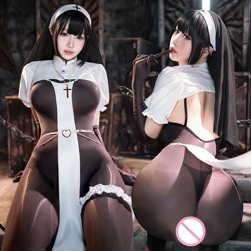 Nun Uniform Cosplay Halloween Costume Lingerie Open Crotch Jumpsuit