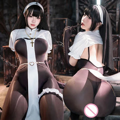 Nun Uniform Cosplay Halloween Costume Lingerie Open Crotch Jumpsuit