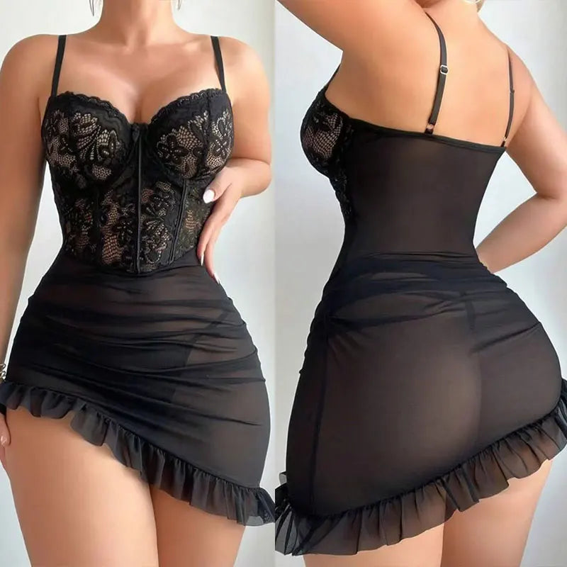 Sexy Transparent Lace Patchwork Pajamas +Thongs Camisola Lingerie Nighty Underwire Bra Set
