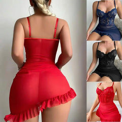 Sexy Transparent Lace Patchwork Pajamas +Thongs Camisola Lingerie Nighty Underwire Bra Set