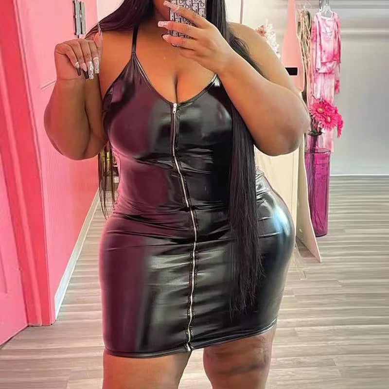 Sexy Women PVC Leather Zipper Backless Slim Mini Dress
