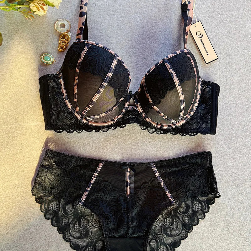 Sexy Women Push Up Bra Europe 3/4 Cup Lace Flowers Embroidery Lingerie Set
