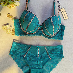 Sexy Women Push Up Bra Europe 3/4 Cup Lace Flowers Embroidery Lingerie Set