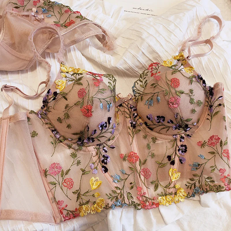 Sexy embroidered lace mesh lingerie with panty ultra-thin steel ring Underwear