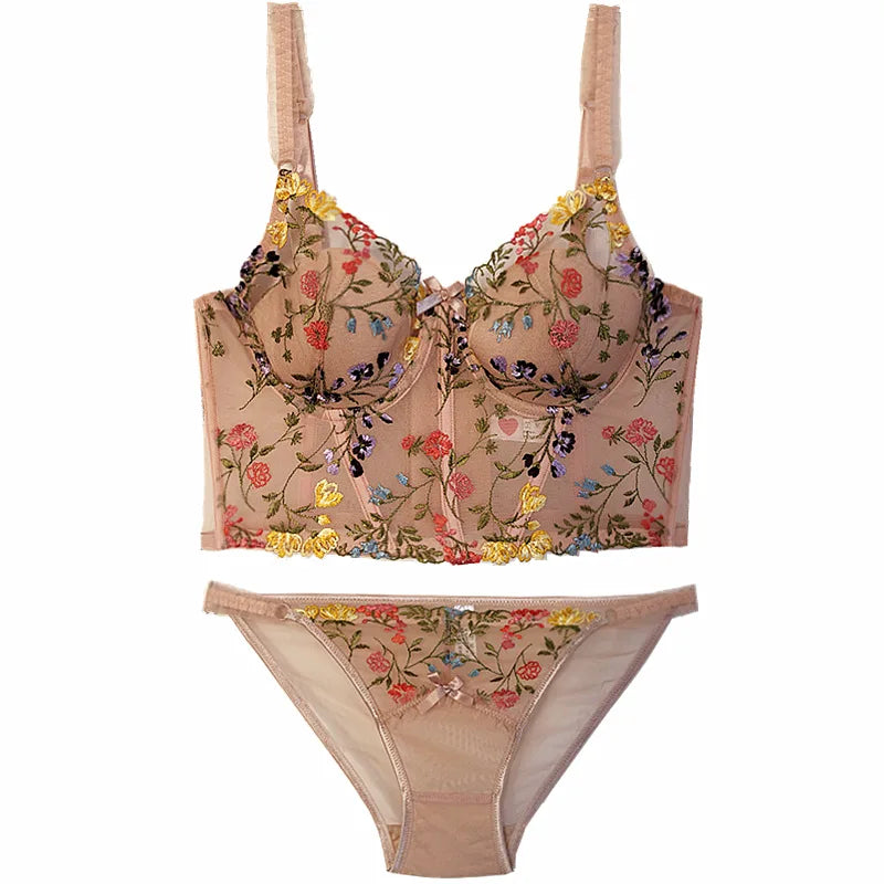 Sexy embroidered lace mesh lingerie with panty ultra-thin steel ring Underwear
