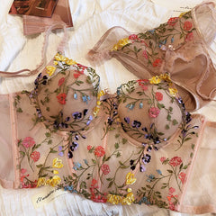 Sexy embroidered lace mesh lingerie with panty ultra-thin steel ring Underwear