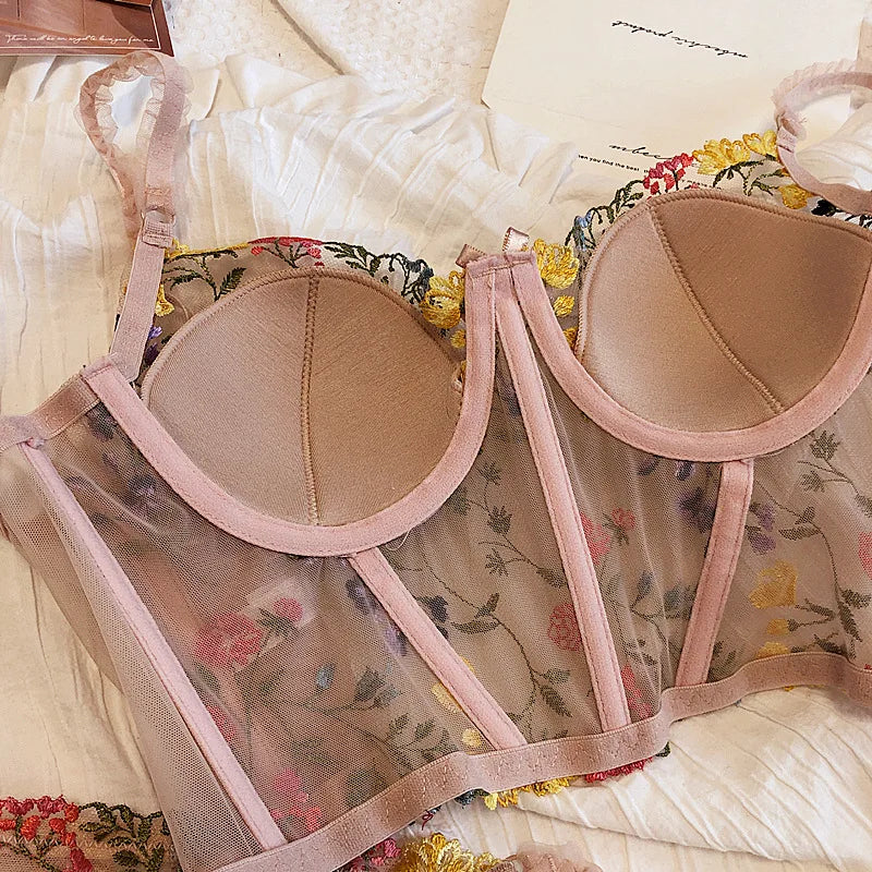 Sexy embroidered lace mesh lingerie with panty ultra-thin steel ring Underwear