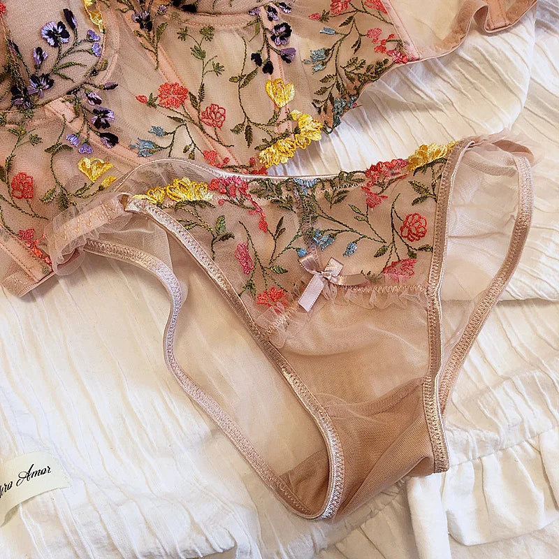 Sexy embroidered lace mesh lingerie with panty ultra-thin steel ring Underwear
