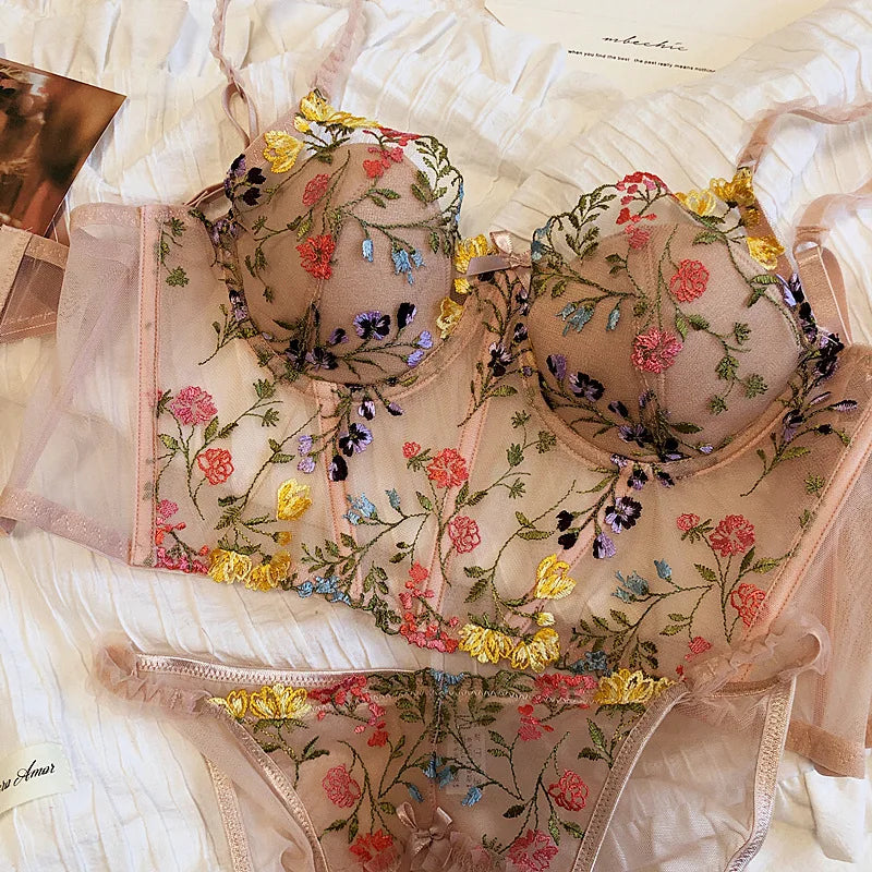 Sexy embroidered lace mesh lingerie with panty ultra-thin steel ring Underwear