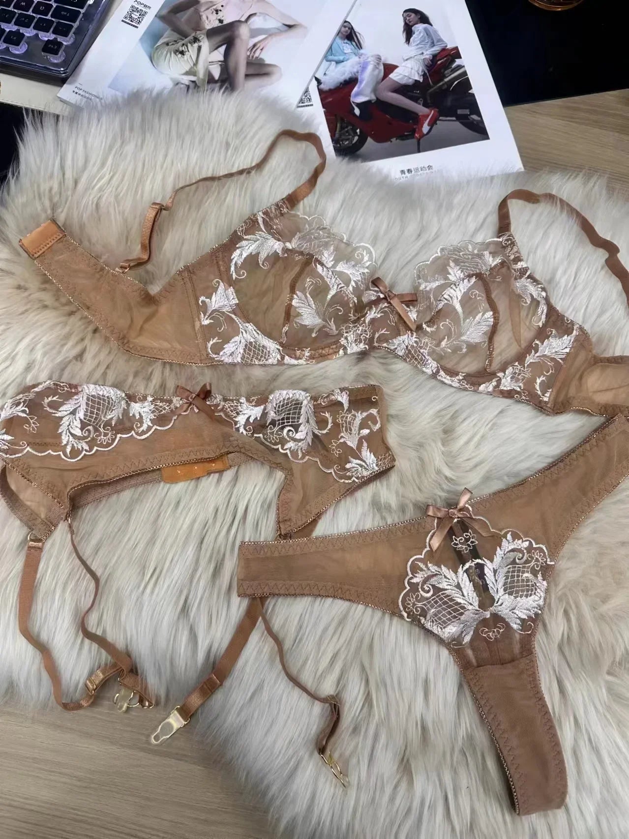 Sexy erotic lace lingerie women embroidery transparent mesh bra garter Set