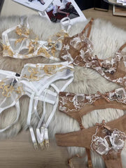 Sexy erotic lace lingerie women embroidery transparent mesh bra garter Set