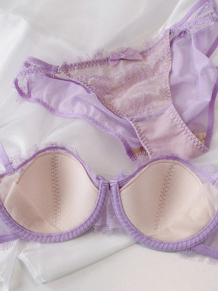 Sexy eyelash lace lingerie half cup women push up steel ring bra Set