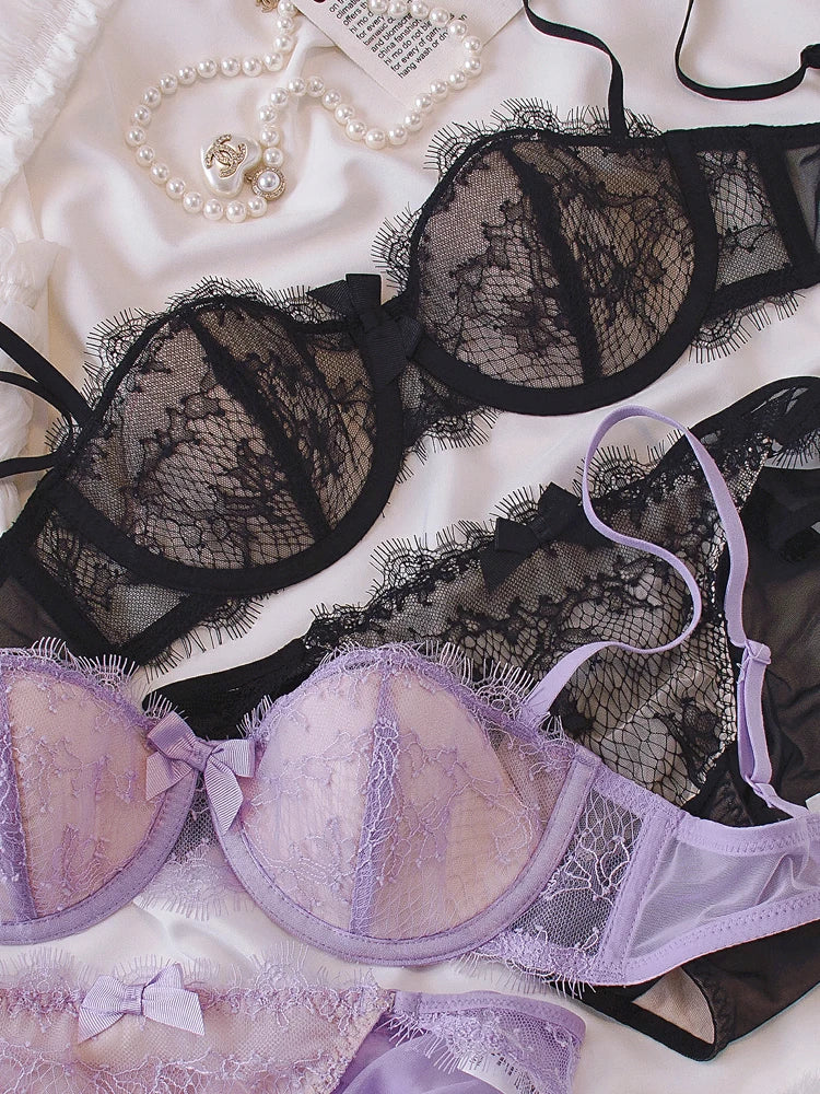 Sexy eyelash lace lingerie half cup women push up steel ring bra Set