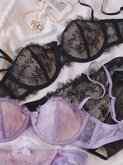 Sexy eyelash lace lingerie half cup women push up steel ring bra Set