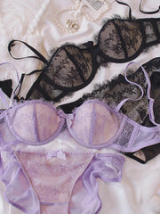 Sexy eyelash lace lingerie half cup women push up steel ring bra Set