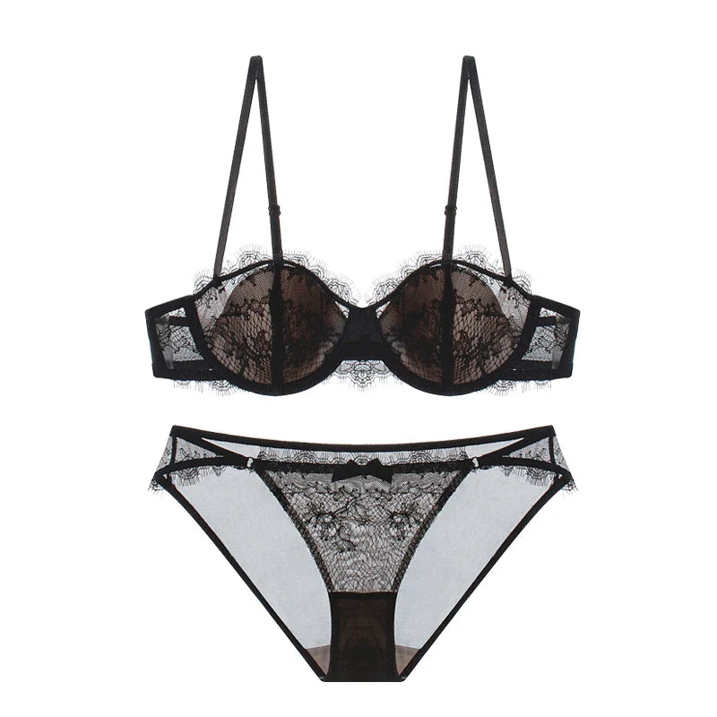 Sexy eyelash lace lingerie half cup women push up steel ring bra Set