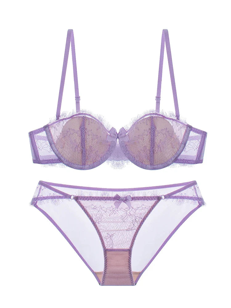 Sexy eyelash lace lingerie half cup women push up steel ring bra Set