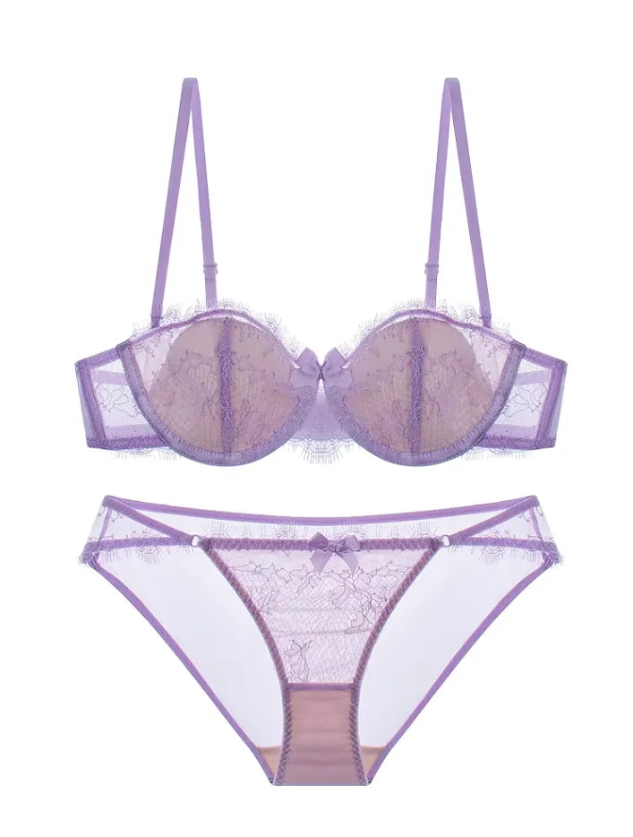 Sexy eyelash lace lingerie half cup women push up steel ring bra Set