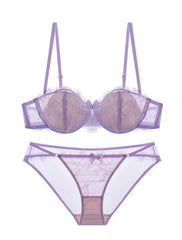 Sexy eyelash lace lingerie half cup women push up steel ring bra Set