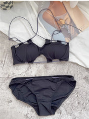 Sexy hanging neck bra simple solid color cross back bustier without steel ring breathable lingerie briefs women's underwear