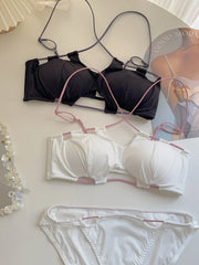 Sexy hanging neck bra simple solid color cross back bustier without steel ring breathable lingerie briefs women's underwear
