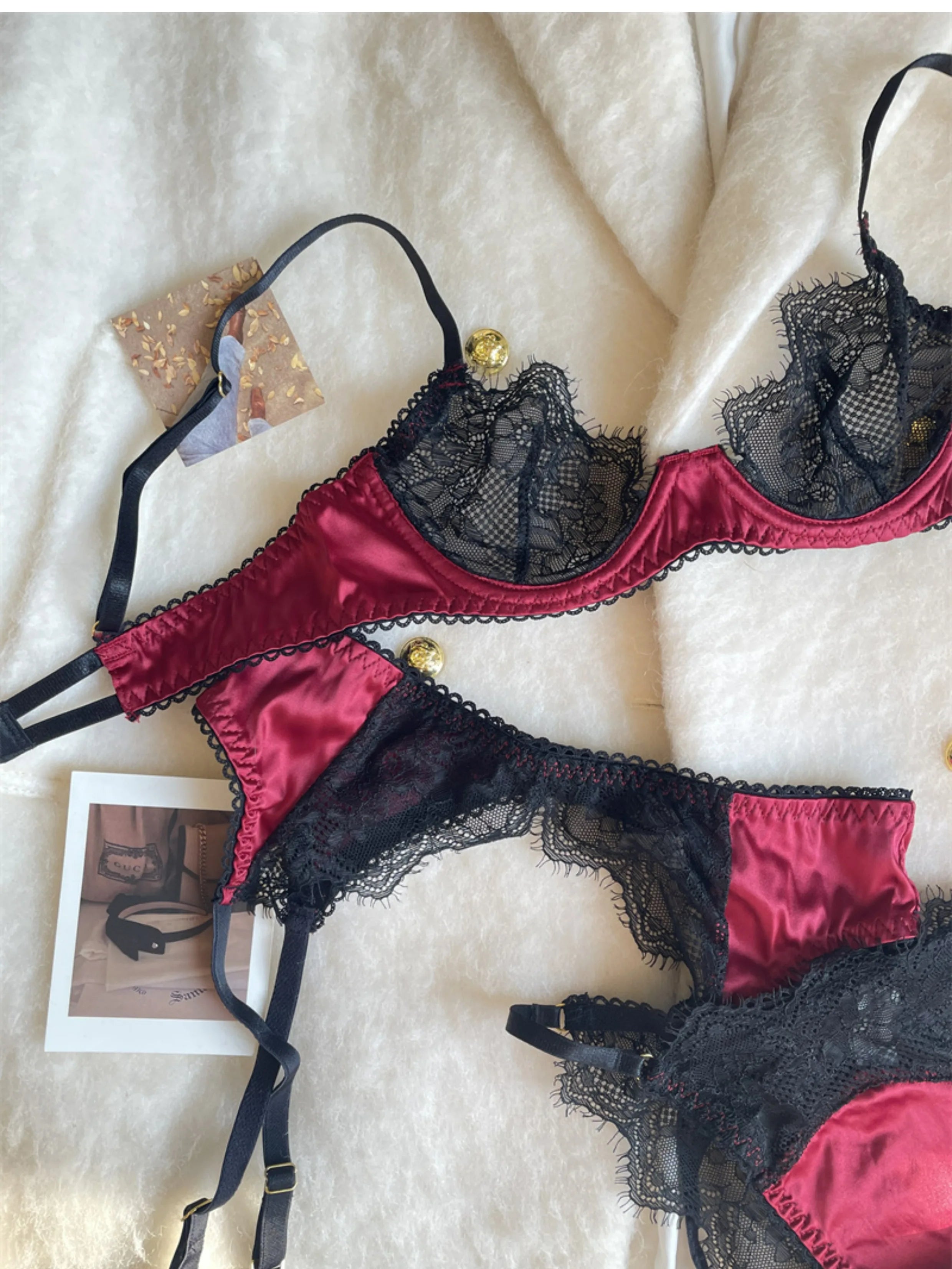 Sexy lace small breasts couple fun lingerie waistband panties three-piece Set
