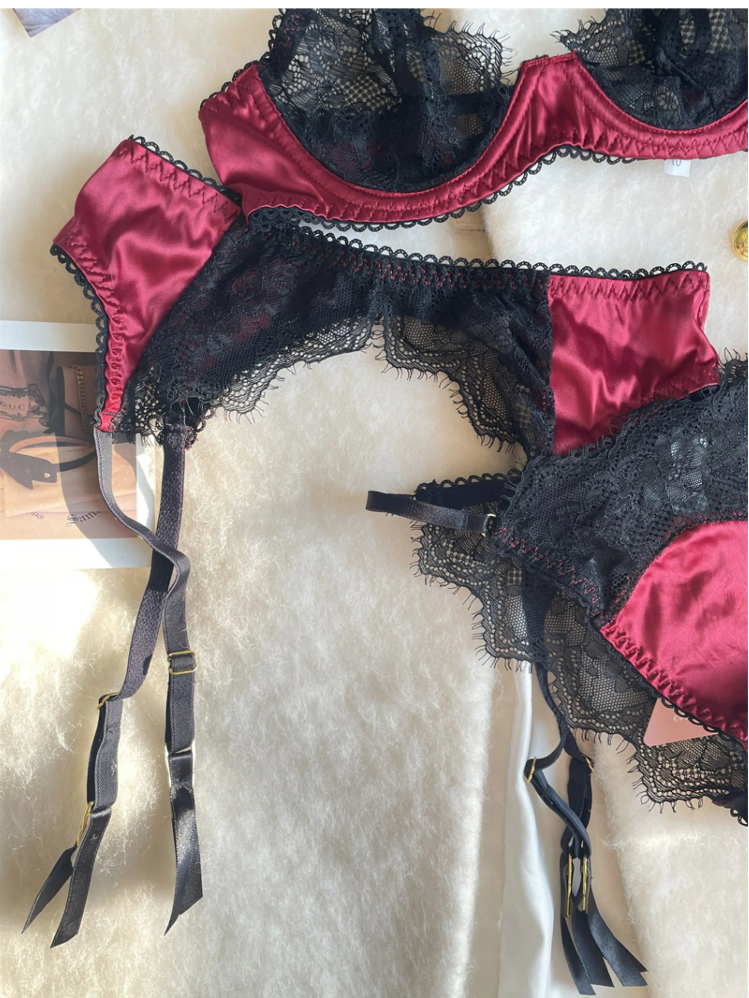 Sexy lace small breasts couple fun lingerie waistband panties three-piece Set