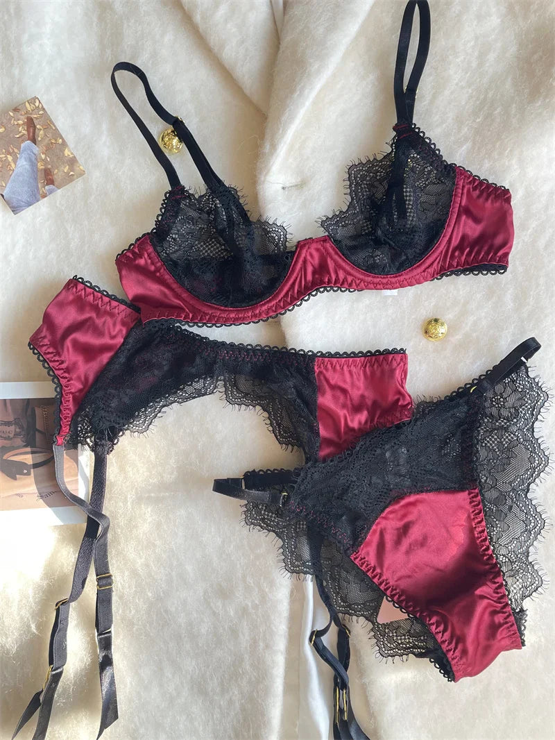 Sexy lace small breasts couple fun lingerie waistband panties three-piece Set